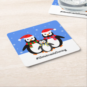 Dessous-de-verre Carré En Papier Famille Penguin votre texte Noël