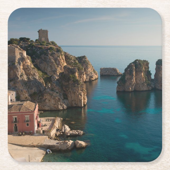 Dessous-de-verre Carré En Papier Faraglioni et madrague dans Scopello, Sicile (Devant)