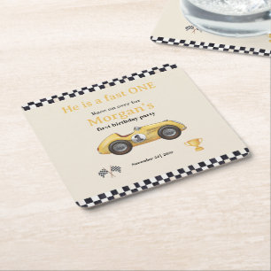 Dessous-de-verre Carré En Papier Fast One Yellow Race Car Enfants Première fête d'a