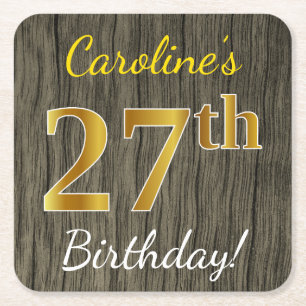 Dessous-de-verre Carré En Papier Faux Bois, Faux Or 27e Anniversaire + Nom Personna