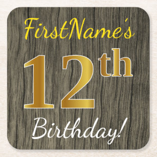 Dessous-de-verre Carré En Papier Faux Wood, Faux Gold 12e anniversaire + Nom person