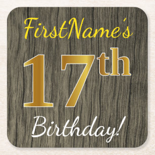 Dessous-de-verre Carré En Papier Faux Wood, Faux Gold 17e anniversaire + Nom person