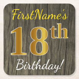 Dessous-de-verre Carré En Papier Faux Wood, Faux Gold 18e anniversaire + Nom person