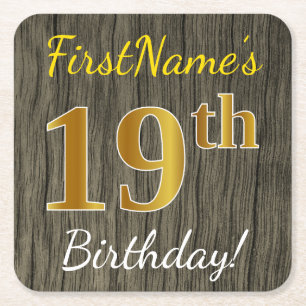 Dessous-de-verre Carré En Papier Faux Wood, Faux Gold 19e anniversaire + Nom person