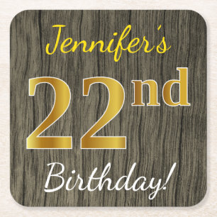 Dessous-de-verre Carré En Papier Faux Wood, Faux Gold 22e anniversaire + Nom person