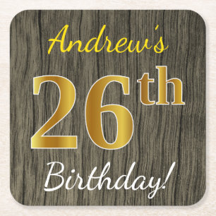 Dessous-de-verre Carré En Papier Faux Wood, Faux Gold 26e anniversaire + Nom person