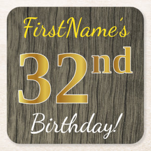 Dessous-de-verre Carré En Papier Faux Wood, Faux Gold 32e anniversaire + Nom person