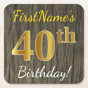Dessous-de-verre Carré En Papier Faux Wood, Faux Gold 40e anniversaire + Nom person