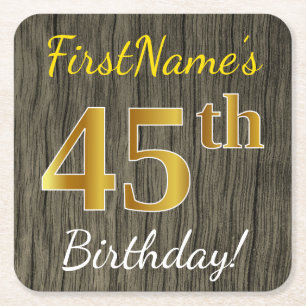 Dessous-de-verre Carré En Papier Faux Wood, Faux Gold 45e anniversaire + Nom person