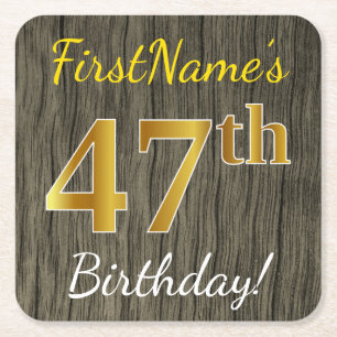 Dessous-de-verre Carré En Papier Faux Wood, Faux Gold 47th Birthday + Custom Name
