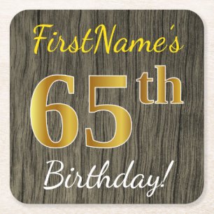 Dessous-de-verre Carré En Papier Faux Wood, Faux Gold 65e anniversaire + Nom person