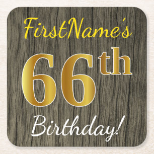 Dessous-de-verre Carré En Papier Faux Wood, Faux Gold 66e anniversaire + Nom person