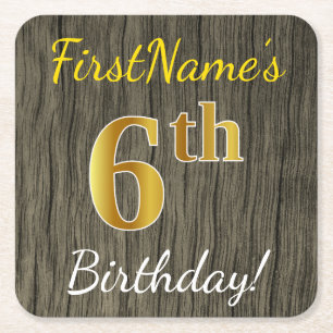 Dessous-de-verre Carré En Papier Faux Wood, Faux Gold 6e anniversaire + Nom personn