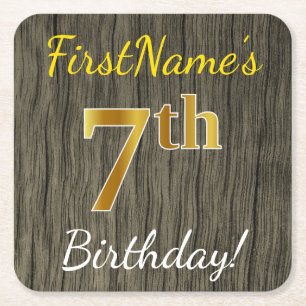 Dessous-de-verre Carré En Papier Faux Wood, Faux Gold 7e anniversaire + Nom personn
