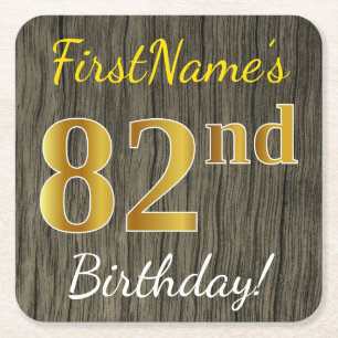 Dessous-de-verre Carré En Papier Faux Wood, Faux Gold 82e anniversaire + Nom person