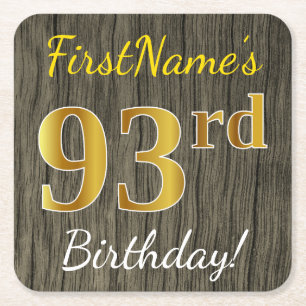 Dessous-de-verre Carré En Papier Faux Wood, Faux Gold 93e anniversaire + Nom person