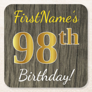 Dessous-de-verre Carré En Papier Faux Wood, Faux Gold 98e anniversaire + Nom person
