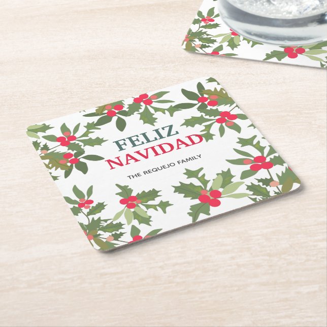 Dessous-de-verre Carré En Papier Feliz Navidad Red Holly Berries Noël (Incliné)