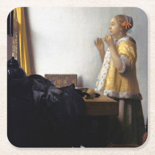 Dessous-de-verre Carré En Papier Femme au collier de perles, Johannes Vermeer