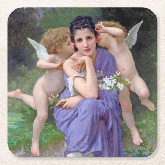Dessous-de-verre Carré En Papier Femme avec Cupidon, Bouguereau (Devant)