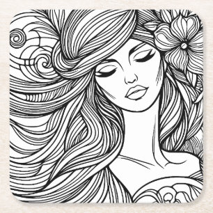 Dessous-de-verre Carré En Papier Femme avec fleur dans la ligne de cheveux page de