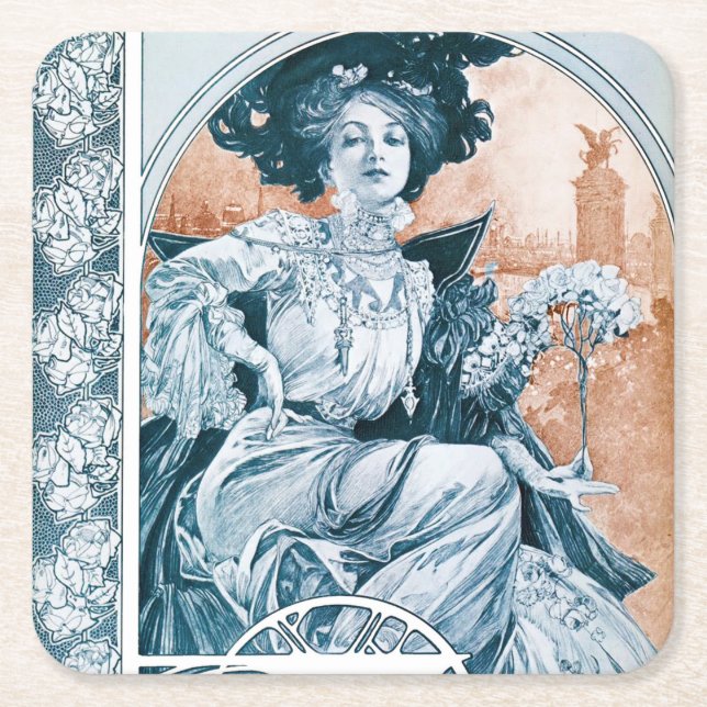 Dessous-de-verre Carré En Papier Femme avec Rose, Mucha (Devant)