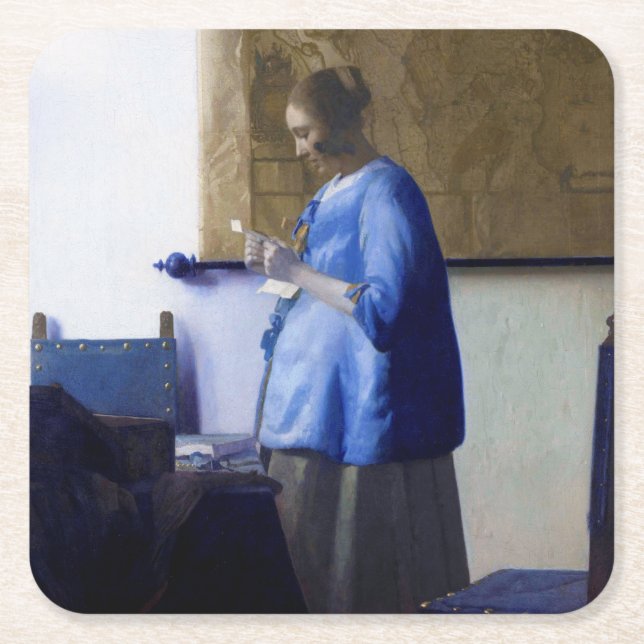 Dessous-de-verre Carré En Papier Femme en bleu, Johannes Vermeer (Devant)