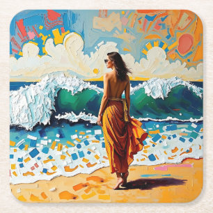Dessous-de-verre Carré En Papier Femme sur la plage Art abstrait de bord de mer