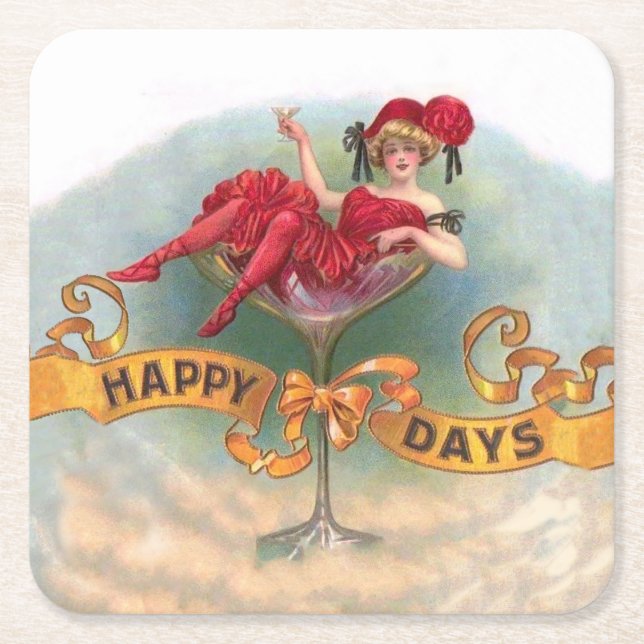 Dessous-de-verre Carré En Papier Femme victorienne Champagne rouge heureuse (Devant)