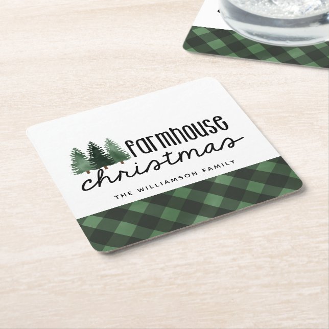 Dessous-de-verre Carré En Papier Ferme Noël Plaid Nom de famille Dessous de verre (Incliné)