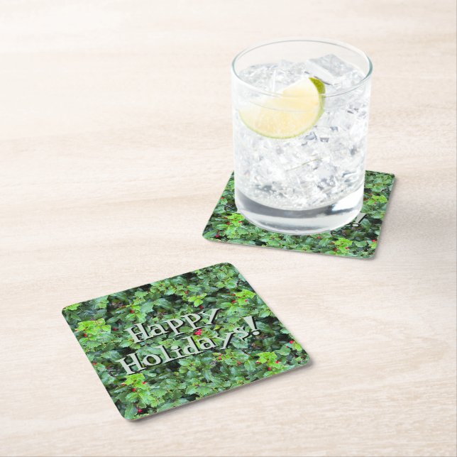 Dessous-de-verre Carré En Papier Festive Green Holly Berry Noël (En situation)