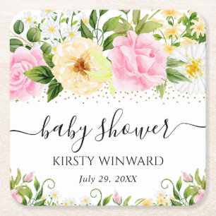 Dessous-de-verre Carré En Papier Fête bébé Fleurs Jaunes et Roses à l'aquarelle