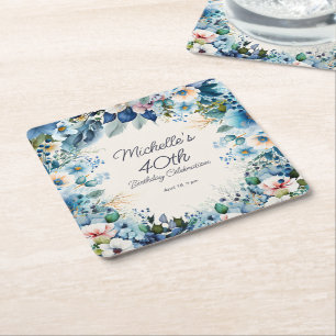 Dessous-de-verre Carré En Papier Fête d'anniversaire 40 ans Navy Dusty Blue Floral