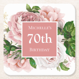 Dessous-de-verre Carré En Papier Fête d'anniversaire 70 ans Floral Rose Pâle Vintag