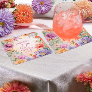 Dessous-de-verre Carré En Papier Fête d'anniversaire 80 ans Boho Aster Fleurs Flora