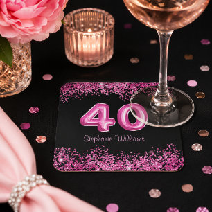 Dessous-de-verre Carré En Papier Fête d'anniversaire de 40 ans rose chic et noir