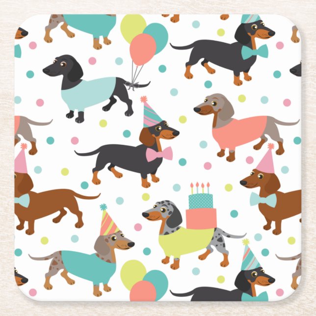 Dessous-de-verre Carré En Papier Fête d'anniversaire de Dachshund (Devant)