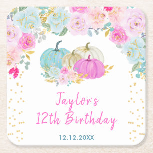 Dessous-de-verre Carré En Papier Fête d'anniversaire florale aux citrouilles pastel
