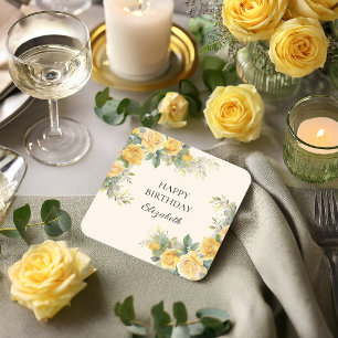 Dessous-de-verre Carré En Papier Fête d'anniversaire florale avec rose jaune élégan
