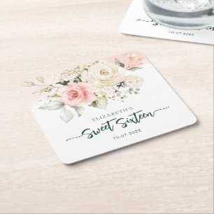 Dessous-de-verre Carré En Papier Fête d'anniversaire personnalisée Sweet 16 fleurs