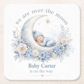 Dessous-de-verre Carré En Papier Fête de bébé bleu Outre-Moon avec nom personnalisé
