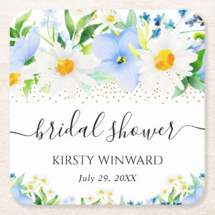 Dessous-de-verre Carré En Papier Fête de mariage avec fleurs bleues et marguerites