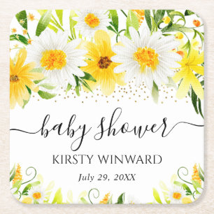 Dessous-de-verre Carré En Papier Fête de Naissance Fleurs de Marguerites Aquarelles