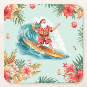 Dessous-de-verre Carré En Papier Fête de Noël sur la plage avec le Père Noël Carré