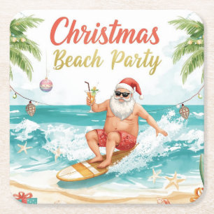 Dessous-de-verre Carré En Papier Fête de Noël sur la plage avec le Père Noël Carré