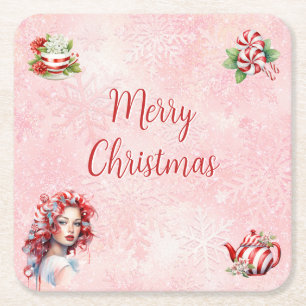 Dessous-de-verre Carré En Papier Fête de thé de Noël Peppermenthe Pink Snowflake