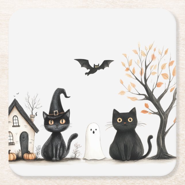 Dessous-de-verre Carré En Papier Fête d'Halloween aux chats noirs mignons (Devant)