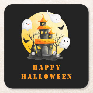Dessous-de-verre Carré En Papier Fête d'Halloween avec Maison hantée et Fantômes