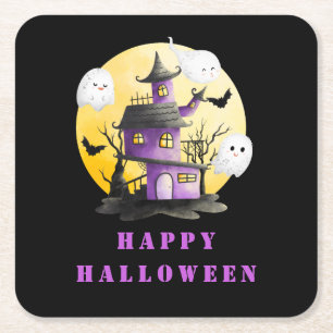 Dessous-de-verre Carré En Papier Fête d'Halloween avec Maison hantée et Fantômes