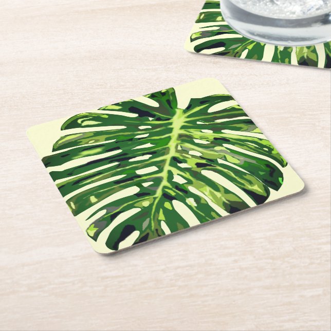 Dessous-de-verre Carré En Papier Feuille de monstère tropicale (Incliné)